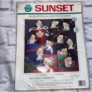 Vintage Christmas Sunset cross stitch holly Angel ornaments 1991